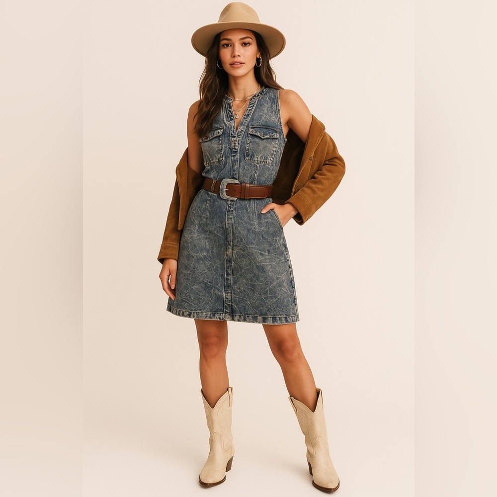 Who What Wear Distressed Denim Midi Dress with Pockets Size Medium